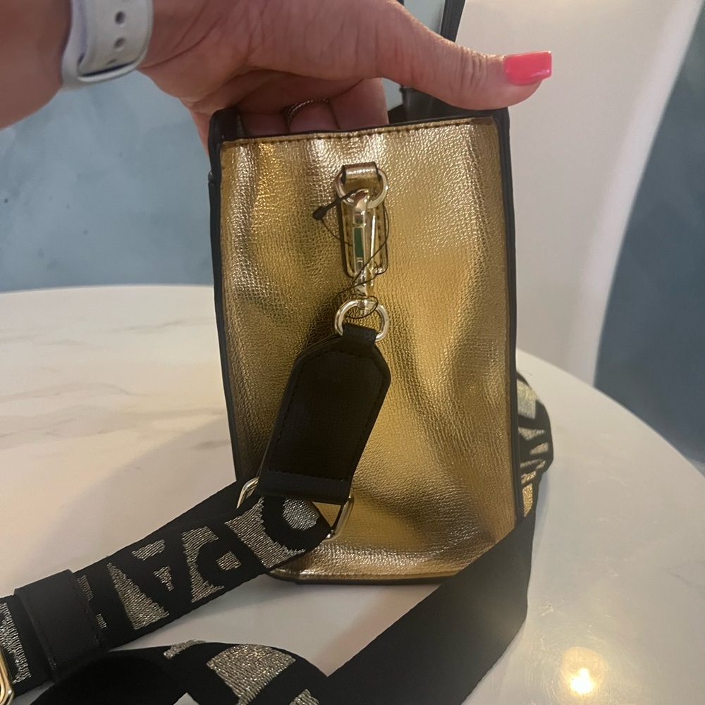Karl Lagerfeld gold metallic handbag with black handlles & shoulder strap - Picture 10 of 11